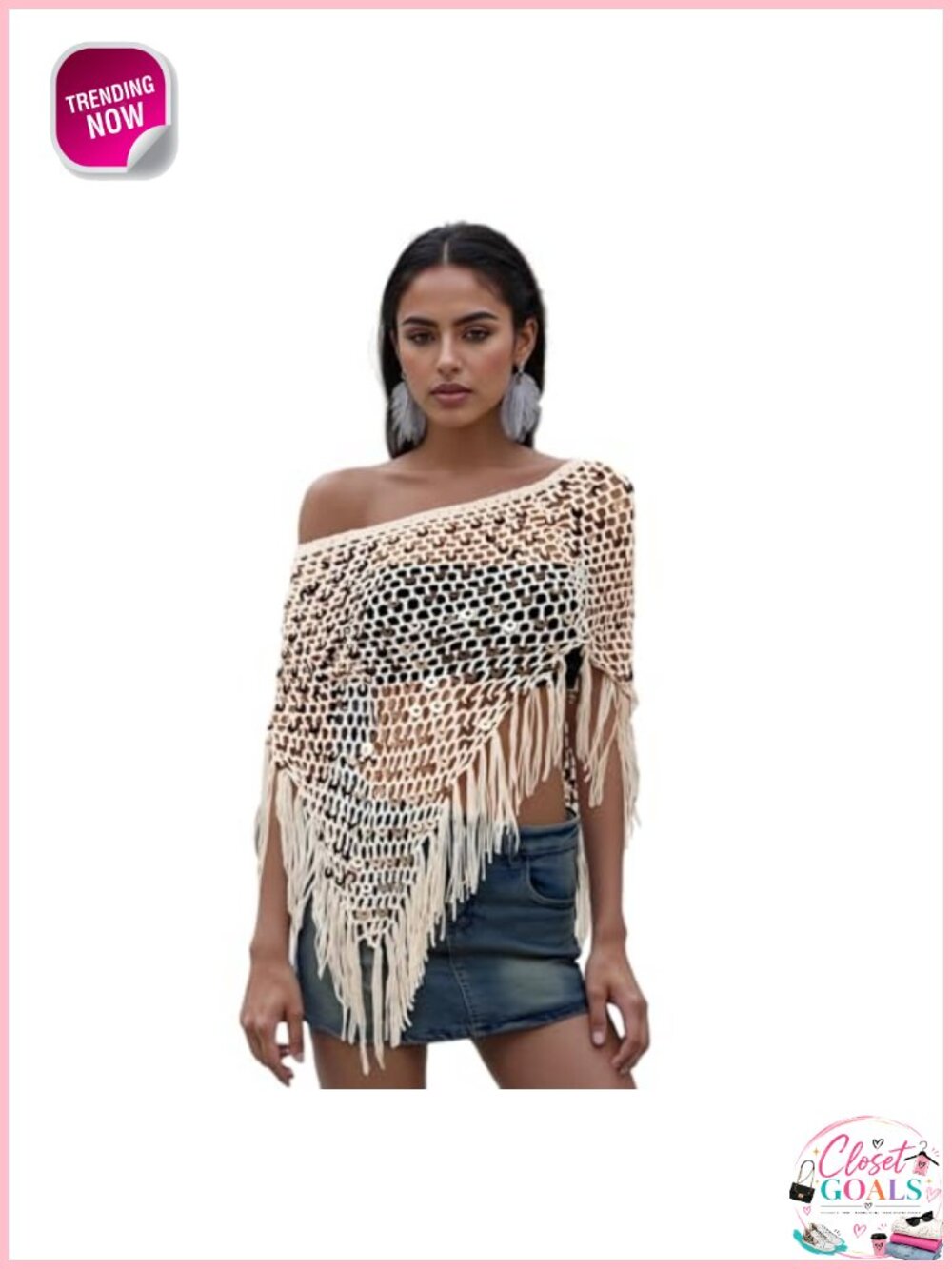 Boho Crochet Sequin Poncho Shawl Fringe Cover Up